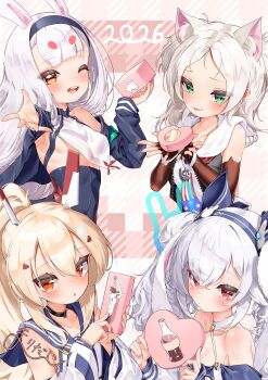 Rule 34 | 4girls, absurdres, animal ear fluff, animal ears, ayanami (azur lane), azur lane, bare shoulders, black choker, black hairband, blonde hair, blush, breasts, cat ears, choker, commentary, detached sleeves, green eyes, hair between eyes, hair ornament, hairband, highres, jacket, laffey (azur lane), long hair, looking at viewer, marimo daifuku, multiple girls, one eye closed, open mouth, orange eyes, parted lips, ponytail, rabbit ears, rabbit girl, red eyes, sailor collar, shimakaze (azur lane), sidelocks, sims (azur lane), small breasts, smile, tongue, tongue out, twintails, white hair, yellow eyes