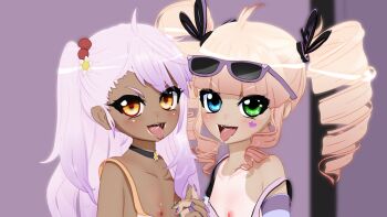 2girls 3d blonde_hair blue_eyes breasts kodomo_doushi chloe_von_einzbern choker dark-skinned_female dark_skin drill_hair eyewear_on_head fang fate/kaleid_liner_prisma_illya fate_(series) flat_chest glasses green_eyes gs-mantis gyaru heterochromia interlocked_fingers loli multiple_girls nail_polish nipples one-piece_tan one_side_up orange_eyes patoot pink_hair saliva saliva_trail small_breasts sunglasses tan tanline tongue tongue_out twin_drills yuri