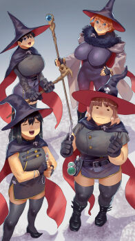 4girls :3 =_= baby_animal back bird black_bodysuit black_boots black_cape black_eyes black_gloves black_hair black_hat black_sweater black_thighhighs blue_eyes bodysuit boots breasts brown_hair cape chick china_dress chinese_clothes closed_eyes commentary_request contrapposto covered_erect_nipples dress flask from_above fur_trim gloves grin hand_on_own_hip hat highres holding holding_scepter holding_staff holding_wand huge_breasts impossible_bodysuit impossible_clothes miniskirt multiple_girls narisokonai open_mouth orange_hair original ribbed_sweater scepter short_dress short_hair skirt smile staff sweater thighhighs two-sided_cape two-sided_fabric two-sided_headwear wand witch_hat zettai_ryouiki