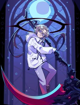 Rule 34 | 1boy, absurdres, alt text, aotsuki eito, black gloves, black halo, blue eyes, closed mouth, commentary, corvitorium, crescent, dark halo, english commentary, full body, gloves, halo, highres, holding, holding scythe, hood, hood down, hooded jacket, jacket, moon phases, pants, scythe, smile, solo, the hundred line -last defense academy-, white jacket, white pants
