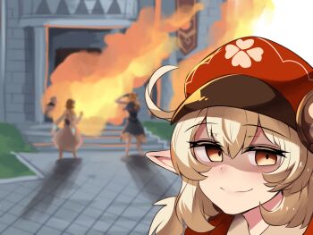 4girls ahoge blonde_hair blurry blurry_background burning burning_building closed_mouth commentary derivative_work disaster_girl_(meme) english_commentary fire genshin_impact half-closed_eyes hat highres hinghoi jean_(genshin_impact) klee_(genshin_impact) looking_at_viewer lumine_(genshin_impact) meme multiple_girls paimon_(genshin_impact) photo-referenced pointy_ears red_headwear smile solo_focus
