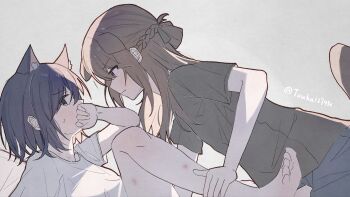 2girls animal_ears barefoot black_shirt blue_eyes blue_hair braid brown_hair cat_ears commentary_request dog_ears dog_girl dog_tail grey_background half_up_braid hickey highres kemonomimi_mode miyagi_shiori multiple_girls purple_eyes sendai_hazuki shirt short_hair shuuniichido_classmate_wo_kau_hanashi tail toes touka127430 white_shirt yuri