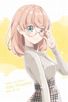 1girl breasts character_name closed_mouth commentary_request dated grid_background happy_birthday highres hinoshita_kaho long_sleeves looking_at_viewer love_live! love_live!_hasu_no_sora_jogakuin_school_idol_club matsurugi_tsukasa medium_breasts plaid_clothes plaid_skirt ribbed_sweater skirt sleeves_past_wrists smile solo sweater turtleneck turtleneck_sweater virtual_youtuber white_sweater yellow_background