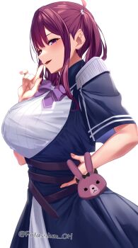 1girl belt black_dress blush breasts brown_hair cevio commentary_request dress hair_between_eyes highres large_breasts looking_at_viewer medium_hair mole mole_under_eye natsuki_karin open_mouth potassium_oh purple_eyes shirt short_sleeves sidelocks simple_background smile solo twitter_username upper_body white_background white_shirt