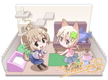 2girls :< :3 ahoge animal_ears blonde_hair blush_stickers bowl brown_eyes cat_ears cat_girl cat_tail cat_tower chibi chibi_only clover_hair_ornament commentary_request commission couch diorama dog_ears dog_girl dog_tail fence full_body grey_eyes hair_bobbles hair_ornament highres low_ponytail multiple_girls neckerchief no_shoes nyanko_(onlinepetclub) open_mouth original paw_pose pet_bed pet_bowl pleated_skirt ponytail rug school_uniform serafuku shirt skeb_commission skirt sleeveless sleeveless_shirt smile standing standing_on_one_leg stuffed_animal stuffed_fish stuffed_toy tail thank_you thighhighs toromi_(toromix2) wanwan_(onlinepetclub)