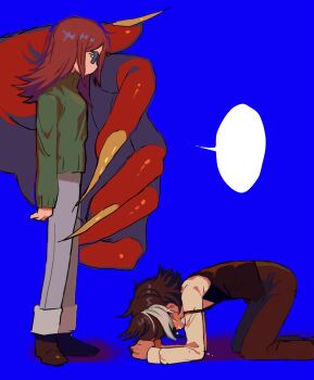 1boy 1girl adventure_time adventure_time:_fionna_and_cake betty_grof blank_speech_bubble blue_background brown_hair brown_pants brown_shoes clenched_hands clenched_teeth colored_skin commentary crying denim dual_persona english_commentary fingernails glasses golb_(adventure_time) green_sweater grey_hair hair_over_eyes highres jeans kneeling long_fingernails looking_at_another looking_down mature_female mature_male pants red_hair red_skin shadow sharp_fingernails shoes short_hair simple_background size_difference speech_bubble standing sweater teeth tsujii_luki yellow_nails