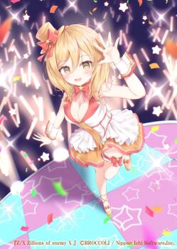1girl blonde_hair bow breasts cleavage concert confetti copyright_notice dress frilled_thigh_strap from_above glowstick hair_between_eyes hat hat_bow hat_ornament highres idol_clothes large_breasts liuliu medium_hair mini_hat nino_(z/x) official_art open_mouth orange_hat orange_shoes red_bow shoes solo sparkle stage standing standing_on_one_leg star_(symbol) star_hat_ornament thigh_strap white_wrist_cuffs wrist_cuffs yellow_eyes z/x
