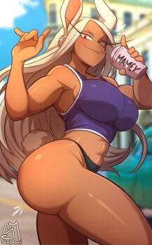 1girl abs absurdres animal_ears artist_name ass black_panties boku_no_hero_academia breasts commentary cup dark-skinned_female dark_skin drink drinking_straw highres large_breasts long_eyelashes long_hair looking_at_viewer mirko muscular muscular_female panties rabbit_ears rabbit_girl rabbit_tail red_eyes semi_draws smile sports_bra tail thick_thighs thighs underwear untranslatable_commentary white_hair wide_hips