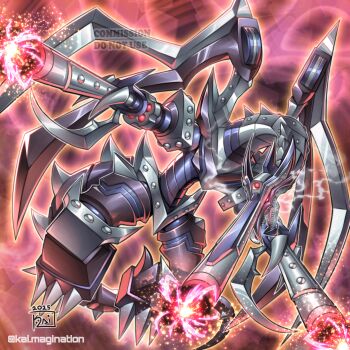 absurdres arm_cannon barrel_dragon black_scales claws dragon duel_monster fusion gun highres kai.magination mechanical_wings no_humans open_mouth red-eyes_black_dragon red_eyes sharp_teeth signature solo tagme tail teeth twitter_username weapon wings yu-gi-oh!