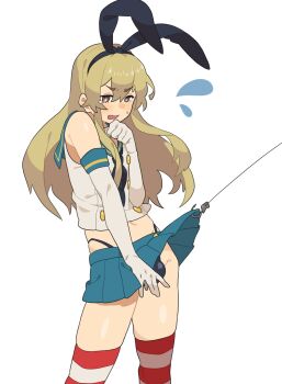 1boy black_neckerchief black_panties blonde_hair blue_sailor_collar blue_skirt blush brown_eyes bulge clothes_lift crossdressing crossdressing_(mtf) elbow_gloves emu_(eomou) fang fish_hook flying_sweatdrops gloves hair_between_eyes hairband highleg highleg_panties highres kantai_collection long_hair male_focus microskirt miniskirt neckerchief open_mouth panties pleated_skirt sailor_collar shimakaze-kun shimakaze_(kancolle) simple_background skin_fang skirt skirt_lift solo striped_clothes striped_thighhighs sweat tears thighhighs trap underwear white_background white_gloves