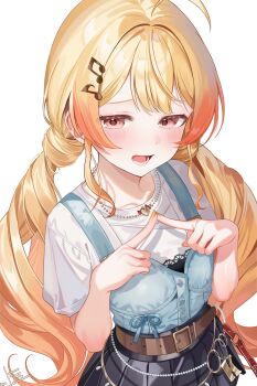 1girl ahoge averting_eyes belt black_skirt blonde_hair brown_belt brown_eyes commentary_request fortissimo hair_ornament highres hololive hololive_dev_is index_fingers_together jewelry long_hair low_twintails musical_note musical_note_hair_ornament necklace official_alternate_costume open_mouth otonose_kanade otonose_kanade_(flashpoint) pleated_skirt shirt shirt_tucked_in sidelocks simple_background skirt solo twintails uekana9 very_long_hair virtual_youtuber white_background white_shirt