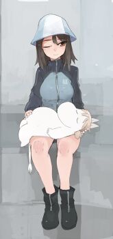 2girls ;) aki_(girls_und_panzer) bad_id bad_tumblr_id black_footwear black_hair blonde_hair boots breasts closed_eyes closed_mouth girls_und_panzer hat highres jacket keizoku_military_uniform long_hair long_sleeves lying lying_on_lap medium_breasts mika_(girls_und_panzer) moomin moomintroll multiple_girls on_back one_eye_closed orange_eyes raglan_sleeves raichiyo sitting smile track_jacket tsurime tulip_hat u_u zipper zipper_pull_tab