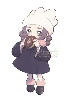 1girl ansha_(pokemon) black_coat black_dress black_shoes blush brown_hair child coat coat_dress donut dress food full_body hat highres holding holding_donut holding_food long_sleeves looking_at_viewer nintendo pokemon pokemon_legends:_z-a remon_(920moomin) shoes solo white_background white_hat