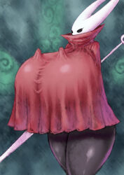 Rule 34 | 1boy, 1girl, 2b-ge, between breasts, black skin, blush, breasts, colored skin, curvy, dress, eyelashes, furry, furry female, gigantic breasts, hollow knight, hornet (hollow knight), horns, knight (hollow knight), no humans, person between breasts, red dress, shiny skin, size difference, standing, sword, weapon