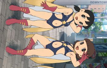 2girls arm_at_side arm_up armpits black_eyes black_hair black_leotard blunt_bangs bob_cut bodysuit boots brown_hair cameltoe cape choker city cityscape cloak cosplay doraemon exif_rotation female_focus fujiko_f_fujio_(style) gloves highleg highleg_leotard highres leotard loli looking_at_viewer midriff minamoto_shizuka multiple_girls navel nipples nishi_iori open_mouth red_footwear red_glove road short_hair short_twintails smile standing standing_on_one_leg street tachibana_(doraemon) thighs twintails yellow_choker yellow_cloak