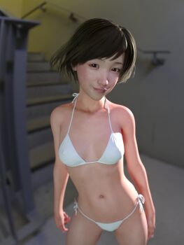 1girl 3d atari_kuji bikini black_hair breasts brown_hair closed_mouth covered_erect_nipples female_focus highres lips looking_at_viewer micro_bikini original short_hair solo stomach swimsuit white_bikini