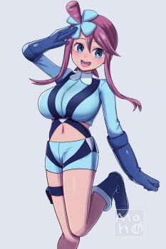 1girl blue_eyes blush boots breasts corotonton5150 crop_top dark-skinned_female dark_skin gloves grey_background large_breasts long_hair long_sleeves nintendo pokemon pokemon_bw red_hair shorts skyla_(pokemon) standing standing_on_one_leg teeth thigh_strap upper_teeth_only