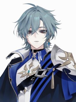 Rule 34 | 1boy, armor, black choker, blue gem, blue hair, blue jacket, choker, closed mouth, collared shirt, commentary, english commentary, eyelashes, gem, genshin impact, highres, jacket, lohen (genshin impact), male focus, multicolored eyes, parted bangs, pauldrons, shirt, shoulder armor, simple background, single pauldron, sn jiho, solo, tassel, upper body, white background, wing collar