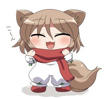 1girl :3 :d ^_^ animal_ear_fluff animal_ears blush brown_hair chibi chibi_only closed_eyes commentary_request facing_viewer fox_ears fox_girl fox_tail full_body hair_between_eyes hands_up ko~n kudamaki_tsukasa long_sleeves open_mouth red_scarf red_shoes rokugou_daisuke romper scarf shoes short_hair signature simple_background smile solo standing tail touhou white_background white_romper