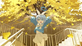 1girl anohito401 arms_up arona_(blue_archive) autumn_leaves blue_archive blue_eyes blue_hair blue_halo blue_shirt bow bow_hairband bowtie commentary_request cowboy_shot day dot_nose eyes_visible_through_hair falling_leaves ginkgo_leaf ginkgo_tree hair_over_one_eye hairband halo highres leaf long_bangs long_sleeves looking_at_viewer midriff_peek miniskirt navel open_mouth outdoors outstretched_arms parted_bangs pleated_skirt sailor_collar school_uniform serafuku shirt short_hair skirt smile solo spread_arms stairs white_bow white_bowtie white_hairband white_sailor_collar white_skirt
