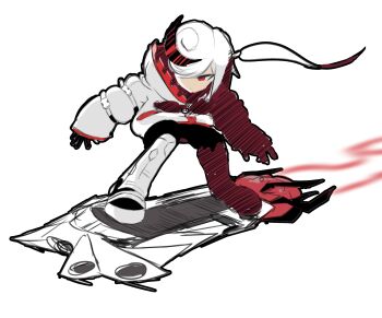 1girl 2025 alternate_costume alternate_hairstyle balancing black_gloves black_pants blue_eyes boots colorized commentary down_jacket english_commentary expressionless female_focus floating full_body gloves hair_over_one_eye highres hood hood_down hooded_jacket hoverboard jacket leaning lightdasher long_hair long_sleeves monochrome multicolored_hair pants ponytail red_eyes red_hair red_trim sage_(sonic) sega simple_background sleeves_past_wrists solo sonic_(series) sonic_frontiers sonic_riders_(series) streaked_hair thigh_boots two-tone_hoodie white_background white_boots white_hair white_jacket