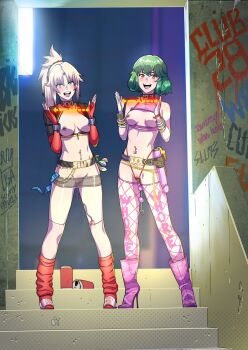 2girls anal_beads belt blonde_hair boots bracelet breasts breasts_out choker collar condom condom_packet_strip condom_wrapper dildo elbow_gloves english_text fate/apocrypha fate/grand_order fate_(series) fingerless_gloves fishnet_thighhighs fishnets full_body functionally_nude gloves green_eyes green_hair high_heel_boots high_heels jewelry kazami_yuuka looking_at_viewer medium_breasts mordred_(fate) multiple_girls navel_piercing nipple_piercing nipples open_mouth orange_eyes piercing ponytail pussy sex_toy short_hair smile stairs stairwell standing teeth thighhighs touhou upper_teeth_only used_condom vibrator vibrator_cord vibrator_in_thighhighs