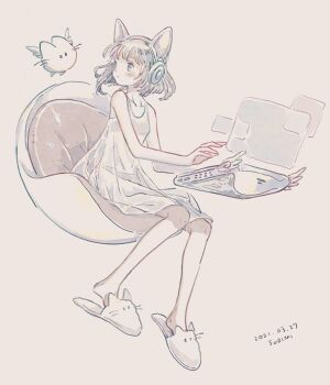 1girl animal_ear_headphones animal_ears animal_slippers artist_name bare_shoulders blush closed_mouth collarbone commentary computer dated dress egg_chair eokaku_surimi fake_animal_ears floating_chair full_body headphones highres laptop looking_at_creature medium_hair original simple_background slippers symbol-only_commentary white_background white_dress white_hair white_slippers