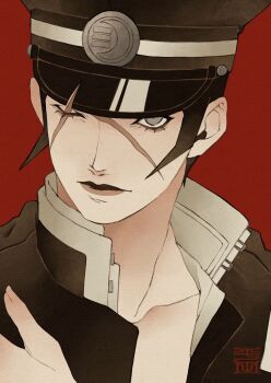Rule 34 | 1boy, black hair, closed mouth, collarbone, devil summoner: raidou kuzunoha vs the soulless army, devil summoner (series), grey eyes, hat, highres, jacket, kuzunoha raido, male focus, one eye closed, open clothes, open jacket, pertex 777, portrait, red background, scar, scar on face, school uniform, shako cap, short hair, sideburns, solo, very short hair, yumizuki imperial high school uniform