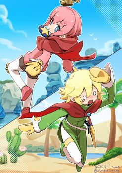 2boys absurdres arm_up artist_name black_pantyhose blonde_hair blue_eyes blue_sky boots cactus cape cloud coat commentary dated desert flower green_boots green_coat highres hood hood_down hooded_cape lake looking_back male_focus mittens motimoti_mgmg multiple_boys o_o oasis ocean ocean_prince open_mouth otomo_(puyopuyo) palm_tree pantyhose pink_boots pink_hair pink_tunic puyopuyo puyopuyo_fever_2 red_cape rock salde_canarl_shellbrick_iii searching sheath sheathed shore short_hair sky sparkling_eyes split_screen star_(symbol) sword tears thigh_boots tree tunic twitter_username weapon white_pantyhose yellow_mittens