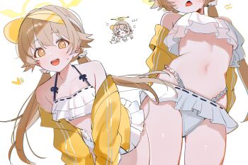 1girl bikini blue_archive frilled_bikini frills halo hifumi_(blue_archive) highres jacket loli multiple_views navel shusuchii simple_background swimsuit twintails white_bikini