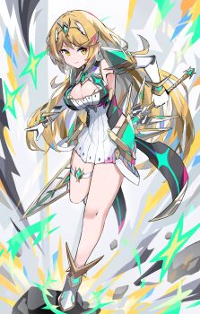 1girl bakeneko1212 blonde_hair breasts chest_jewel cleavage cleavage_cutout clothing_cutout core_crystal_(xenoblade) debris dress full_body highres holding holding_sword holding_weapon large_breasts long_hair microdress mythra_(xenoblade) solo sword tiara weapon white_background white_dress xenoblade_chronicles_(series) xenoblade_chronicles_2 yellow_eyes