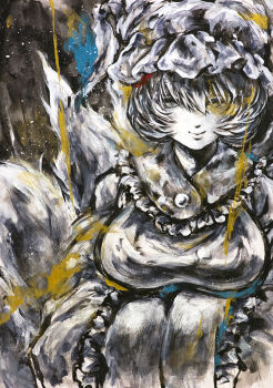 1girl black_background black_outline hat highres ikeda_ruriko looking_at_viewer medium_hair mob_cap outline solo straight-on touhou traditional_media wide_sleeves yakumo_ran