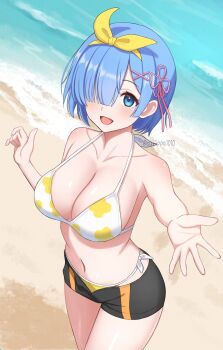 1girl artist_name beach bikini bikini_bottom_under_shorts bikini_under_clothes black_shorts blue_eyes blue_hair breasts collarbone commentary commission foreshortening hair_ornament hair_over_one_eye hair_ribbon hand_up highres large_breasts looking_at_viewer navel open_mouth outstretched_arm re:zero_kara_hajimeru_isekai_seikatsu reaching reaching_towards_viewer rem_(re:zero) ribbon short_shorts shorts side-tie_bikini_bottom skeb_commission smile solo surippa1010 swimsuit thighs twitter_username water white_bikini x_hair_ornament yellow_bikini