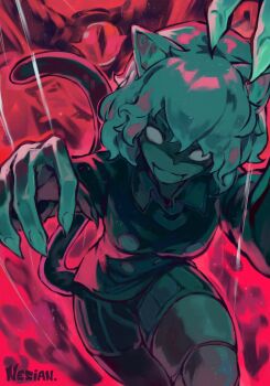 1girl 1other animal_ears cat_ears cat_tail claws fingernails hair_between_eyes highres hunter_x_hunter jacket joints neferpitou nesian. puppet puppet_strings sharp_fingernails short_hair shorts solo tail terpsichora thighs