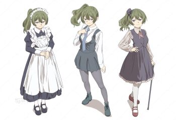 1girl alternate_costume apron atsumi_tomoya black_dress black_shoes black_skirt blue_necktie cane commentary dress frilled_headwear frilled_skirt frills full_body green_hair grey_eyes grey_pantyhose grey_shoes grey_vest hair_between_eyes hat holding holding_cane looking_at_viewer maid maid_headdress mary_janes mini_hat mini_top_hat multiple_views necktie pantyhose red_shoes shirt shoes side_ponytail simple_background skirt socks sousou_no_frieren standing top_hat ubel_(sousou_no_frieren) vest white_apron white_background white_shirt white_socks