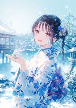 1girl bird blue_nails garden hair_ornament highres hiten_(hitenkei) japanese_clothes kimono looking_at_viewer original pond smile snow