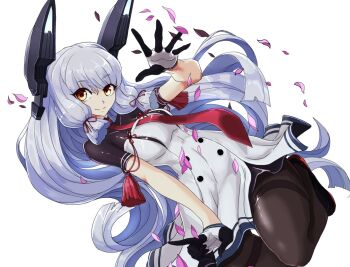 Rule 34 | 1girl, boushi-ya, breasts, cherry blossoms, commentary request, dress, floating headgear, gloves, grey hair, hair ribbon, headgear, kantai collection, long hair, looking at viewer, medium breasts, murakumo (kancolle), murakumo kai ni (kancolle), necktie, orange eyes, pantyhose, red necktie, ribbon, sidelocks, smile, solo, strapless, strapless dress, thighband pantyhose, tress ribbon, turtleneck, undershirt, very long hair