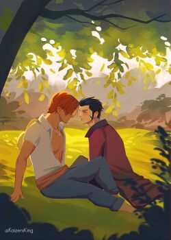 2boys absurdres adam's_apple arm_support bare_pectorals black_hair blue_pants closed_mouth commentary dracule_mihawk english_commentary hat_on_back highres kaizer_(kaizerxking) long_sideburns looking_at_another male_focus multiple_boys one_piece outdoors pants pectorals red_hair shanks_(one_piece) shirt short_hair sideburns sitting tree white_shirt yaoi