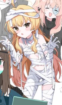 Rule 34 | 4girls, ahoge, airi (blue archive), airi (halloween) (blue archive), bandages, black sweater, blonde hair, blue archive, blush, brown eyes, brown hair, closed eyes, halloween, halloween costume, halo, long hair, looking at viewer, multiple girls, mummy costume, naked bandage, natsu (blue archive), natsu (halloween) (blue archive), navel, nifuji, open mouth, patchwork skin, pink hair, sweater, yellow halo, yoshimi (blue archive), yoshimi (halloween) (blue archive)