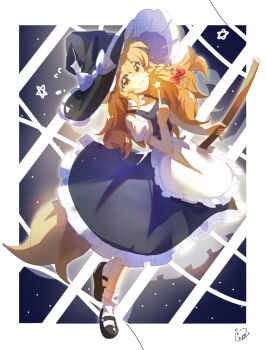 Rule 34 | 1girl, apron, arched back, black hat, black shoes, black skirt, black vest, blonde hair, border, bow, bowtie, braid, broom, buttons, commentary request, frilled apron, frilled skirt, frills, full body, hair between eyes, hand up, hat, hat bow, highres, holding, holding broom, index finger raised, kirisame marisa, long hair, looking at viewer, mary janes, parted lips, puffy short sleeves, puffy sleeves, red bow, shi wuyun aaa, shirt, shoes, short sleeves, signature, single braid, skirt, sleeve cuffs, smile, socks, solo, standing, star (symbol), touhou, turtleneck, turtleneck shirt, vest, waist apron, white apron, white border, white bow, white shirt, white socks, witch hat, yellow eyes