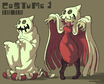 1girl absurdres boots breasts brown_background curvy dress full_body ghost_costume ghost_pose glowing glowing_eyes highres lace-up_boots original red_dress tongue tongue_out wide_hips zals