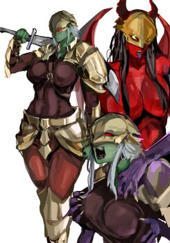 1girl armor bodysuit breasts colored_skin commentary demon demon_girl demon_wings genderswap genderswap_(mtf) highres holding holding_sword holding_weapon large_breasts nude red_skin sfour_s4 sharp_teeth slay_the_spire solo sword teeth the_ironclad_(demon_form)_(slay_the_spire) the_ironclad_(slay_the_spire) tongue tongue_out weapon wings