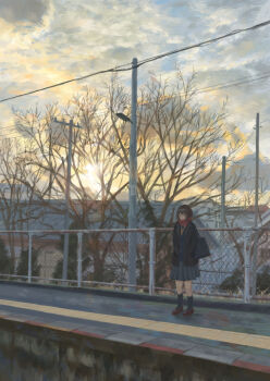 1girl bag bare_tree black_bag black_coat black_eyes black_hair black_skirt black_socks blue_cardigan brown_shoes brown_sweater cardigan chain-link_fence cloud cloudy_sky coat commentary_request fence hands_in_pockets highres kneehighs lamppost loafers looking_ahead open_clothes open_coat original pleated_skirt power_lines red_scarf scarf scenery school_uniform shoes short_hair shoulder_bag shurock skirt sky socks solo standing sun sunrise sweater town train_station_platform tree utility_pole wide_shot