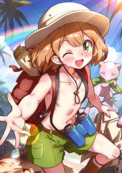 Rule 34 | 1boy, ;d, androgynous, backpack, bag, beach, belt, binoculars, blonde hair, blush, body blush, boots, brown bag, brown belt, brown boots, brown hat, brown jacket, budding expeditioner (pokemon), capelet, cargo shorts, closed eyes, cloud, collarbone, collared jacket, commentary request, day, feet out of frame, gen 1 pokemon, gen 5 pokemon, green capelet, green eyes, green shorts, happy, hat, highres, hill, holding, holding jacket, holding unworn clothes, island, jacket, jungle, knees, legendary pokemon, lens flare, litwick, looking at viewer, male focus, medium hair, mew (pokemon), mythical pokemon, nature, navel, nintendo, one eye closed, open mouth, outdoors, outstretched arm, palm tree, pokemon, pokemon (creature), pokemon tcg, pokemon tcg pocket, rainbow, rorretsim, pith helmet, safari jacket, sand, scroll, short hair, shorts, sky, smile, socks, spread fingers, standing, tareme, teeth, topless male, tree, unworn jacket, upper teeth only, volcarona, water, white socks