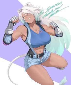 1girl abs anagumasan animal_ear_fluff animal_ears aqua_hair ardora_(spartosmindset) belt black_belt blue_jumpsuit blue_sports_bra breasts commentary commission commissioner_name dark-skinned_female dark_skin english_commentary fighting_stance fingerless_gloves foot_out_of_frame gloves gradient_hair jewelry jumpsuit large_breasts lion_ears lion_girl lion_tail long_hair multicolored_hair multiple_girls navel open_jumpsuit original pendant short_jumpsuit silver_gloves skeb_commission sleeveless_jumpsuit smile solo sports_bra stomach tail thank_you toned toned_female v-shaped_eyebrows white_hair white_tail yellow_eyes