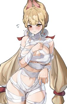 1girl alice_thymefield animal_ears bandaged_arm bandaged_chest bandaged_leg bandages blonde_hair blush breasts commentary_request heterochromia highres large_breasts long_hair looking_at_viewer midriff mummy_costume navel otoufudayo111 rabbit_ears rabbit_girl red_eyes simple_background solo very_long_hair white_background yellow_eyes zenless_zone_zero