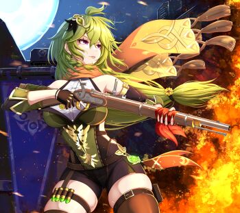 absurdres aged_up alternate_breast_size_(larger) ammunition_pouch collei_(genshin_impact) dendro_symbol_(genshin_impact) fatui_logo fire flower genshin_impact green_hair green_nails gun hair_between_eyes hair_flower hair_ornament highres long_hair low-tied_long_hair moon musanix pink_eyes pouch rifle scarf snider_enfield thigh_strap thighhighs vision_(genshin_impact) weapon