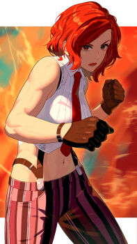 1girl bare_shoulders black_gloves boxing breasts crop_top cropped_shirt gloves highres large_breasts lipstick looking_at_viewer makeup mature_female midriff navel necktie pants pinstripe_pants pinstripe_pattern red_eyes red_hair red_necktie shirt short_hair sleeveless snk solo square-end_necktie striped_clothes striped_pants suspenders the_king_of_fighters the_king_of_fighters_xiv tie_clip vanessa_(kof) vertical-striped_clothes vertical-striped_pants yagi2013