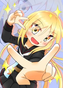 1girl black_sailor_collar black_serafuku black_shirt black_skirt blonde_hair bunbun_(busyunn) commentary_request crescent crescent_pin double_v foreshortening highres kantai_collection long_hair low_twintails neckerchief sailor_collar satsuki_(kancolle) school_uniform serafuku shirt skirt smile solo sparkle twintails v white_neckerchief yellow_eyes