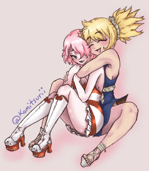 2girls blonde_hair blue_dress boots closed_eyes commentary dr._stone dress highres holding hug hug_from_behind kohaku_(dr._stone) komitsurii luna_wright multiple_girls open_mouth ponytail red_eyes sleeveless smile spiked_hair star_(symbol) thigh_boots